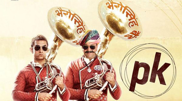 Promotional poster of PK, featuring Aamir Khan and Sanjay Dutt. Promotional poster of PK, featuring Aamir Khan and Sanjay Dutt.